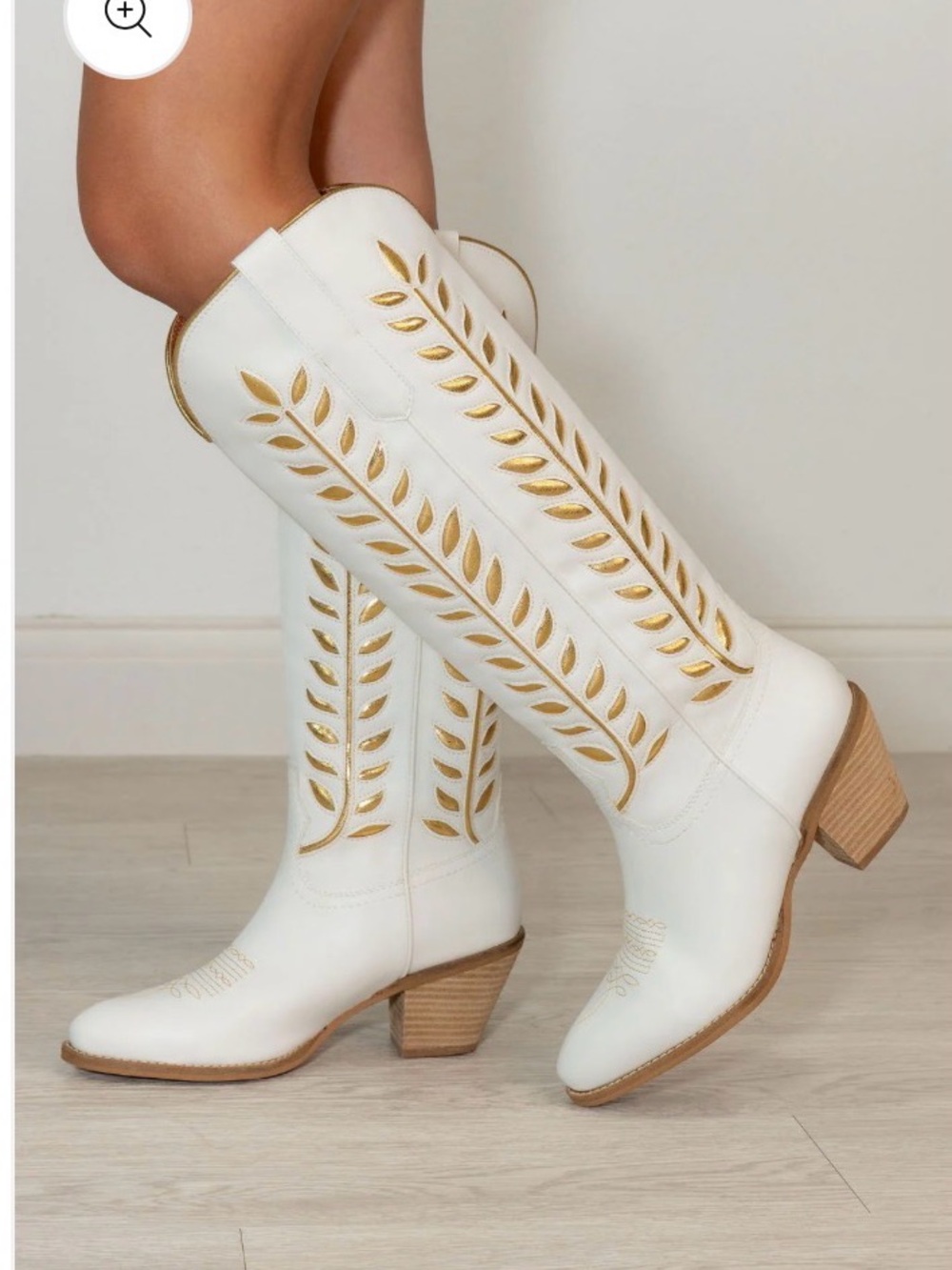 BEAST FASHION White Knee-High Western Boots with Gold Leaf Accents